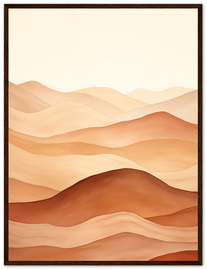 A framed illustration of stylized, wavy desert dunes in warm hues.