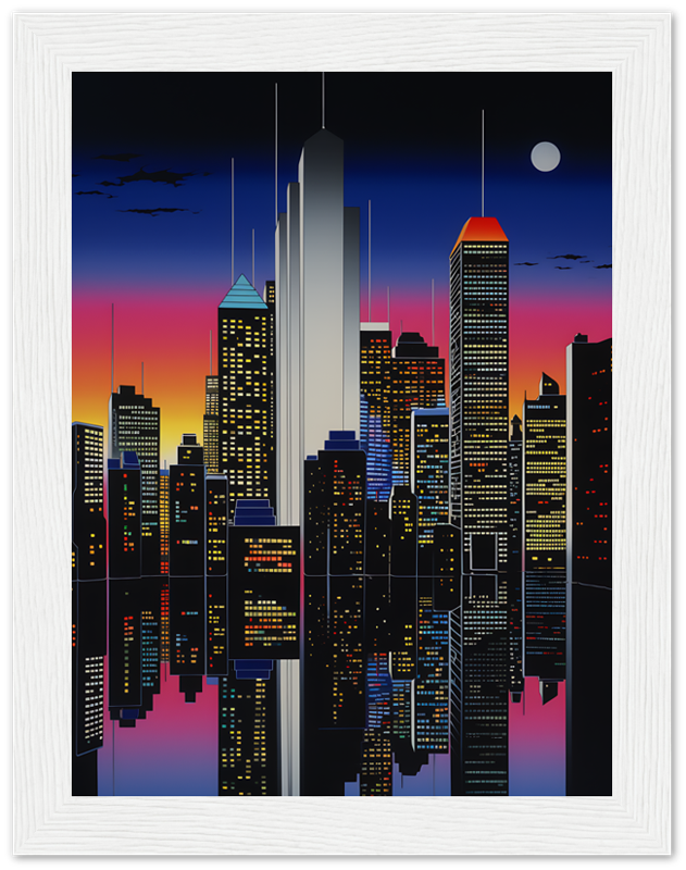 A stylized cityscape at night with illuminated buildings, framed as artwork.