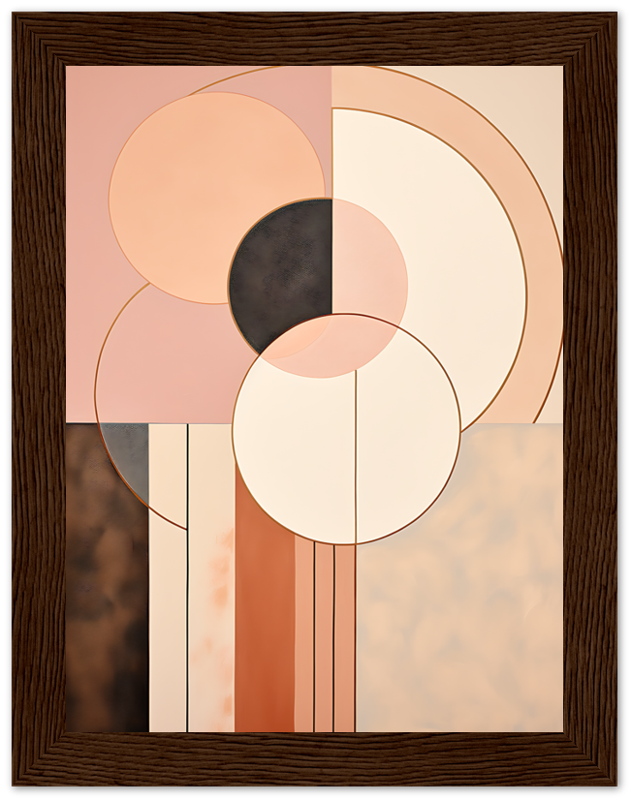 Abstract geometric art with circles in warm tones, framed in dark wood.