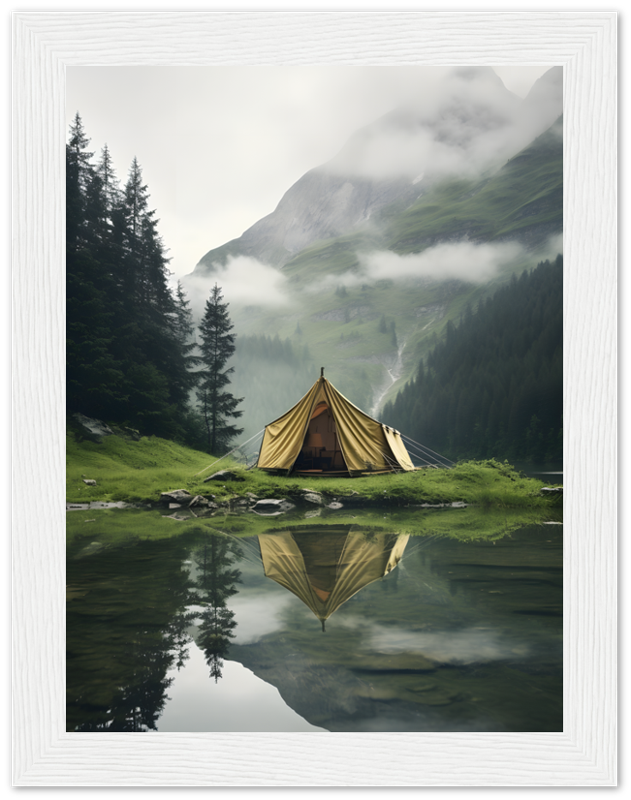 A tent reflected in a clear mountain lake surrounded by misty peaks.