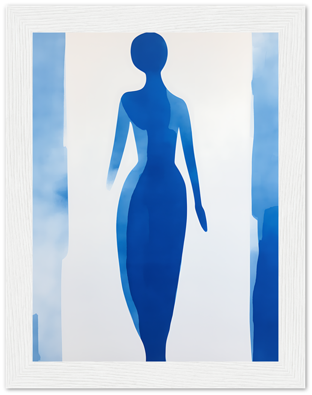 Abstract female silhouette in blue tones framed on a wall.