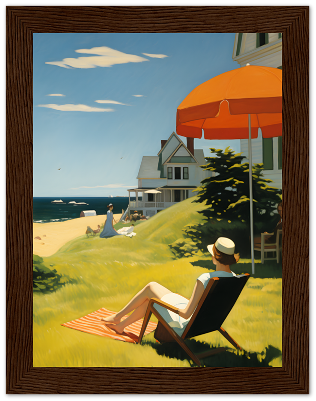 A painting of a person relaxing on a beach chair with an ocean view, under an umbrella, framed in wood.