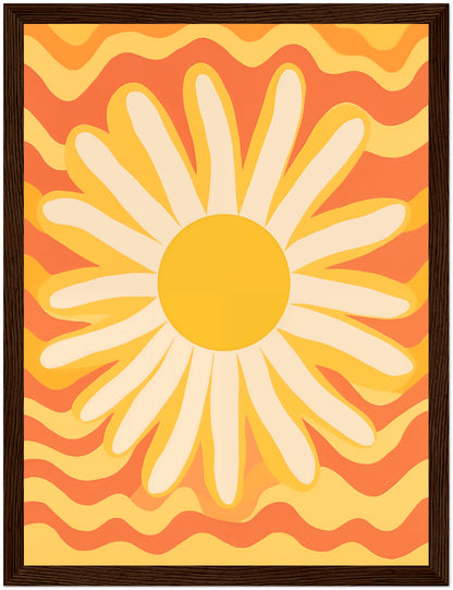 Abstract framed artwork of a sunflower against a wavy orange backdrop.
