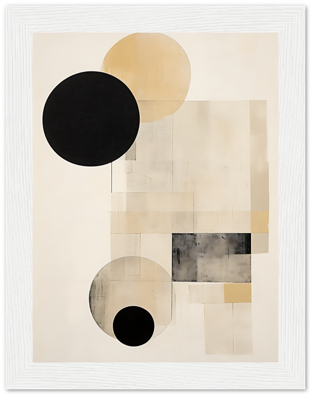 Abstract art with black circles and beige geometric shapes on framed canvas.