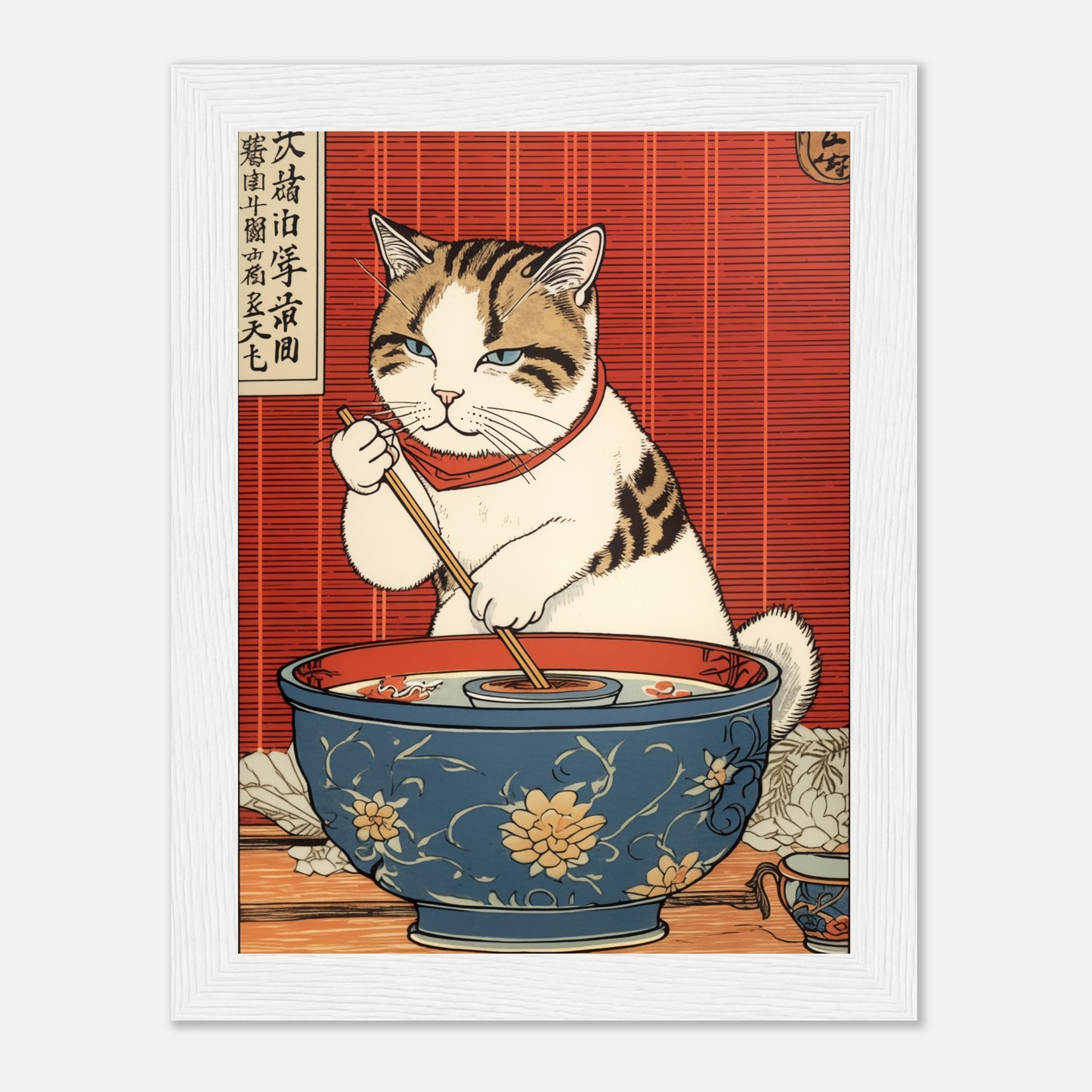 A traditional Japanese woodblock print of a cat eating from a bowl with chopsticks.