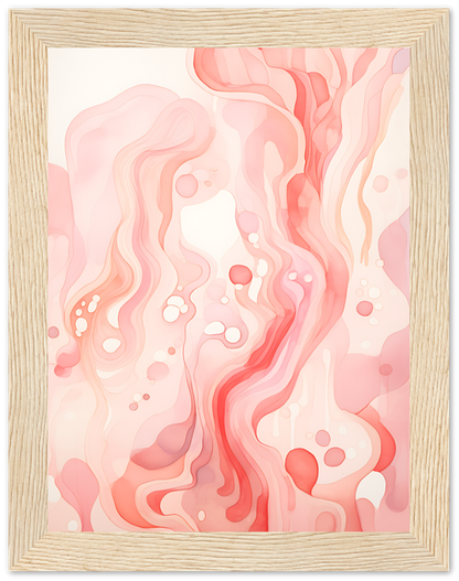 Abstract pink and white fluid art in a wooden frame.