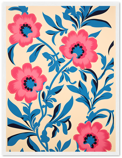 Illustrated floral pattern with pink flowers and blue leaves on a beige background.