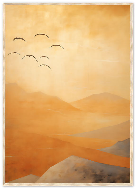 A serene painting of orange mountains with a group of birds flying in the sky.