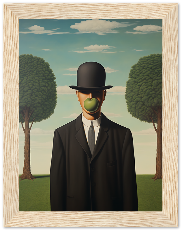 Painting of a man in a suit with an apple covering his face and a landscape background.
