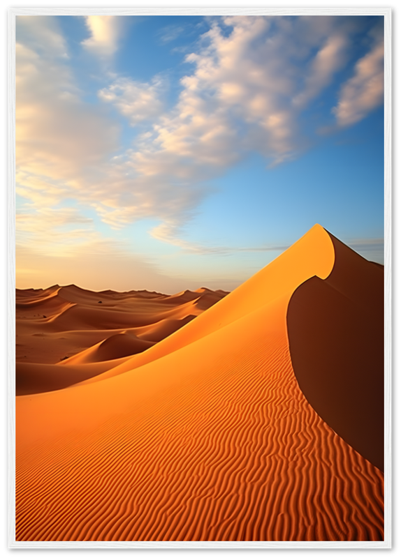 A serene desert landscape at sunset with sand dunes and a vibrant sky.