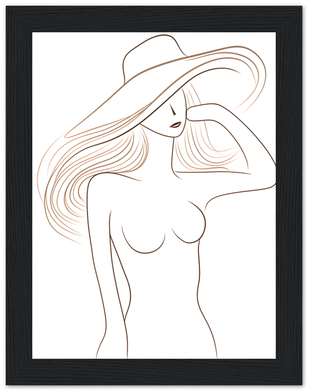 Elegant line art of a woman wearing a wide-brimmed hat, framed on a wall.