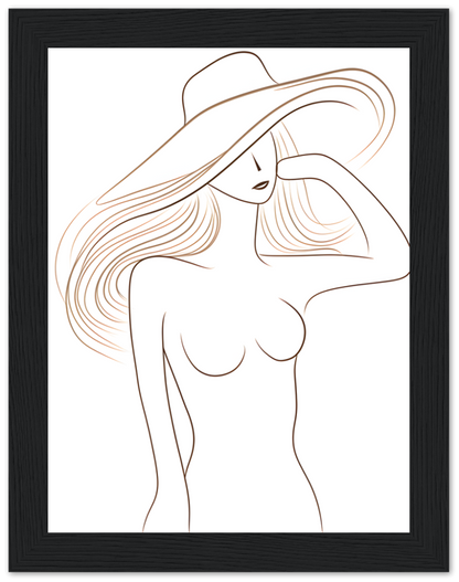 Elegant line art of a woman wearing a wide-brimmed hat, framed on a wall.