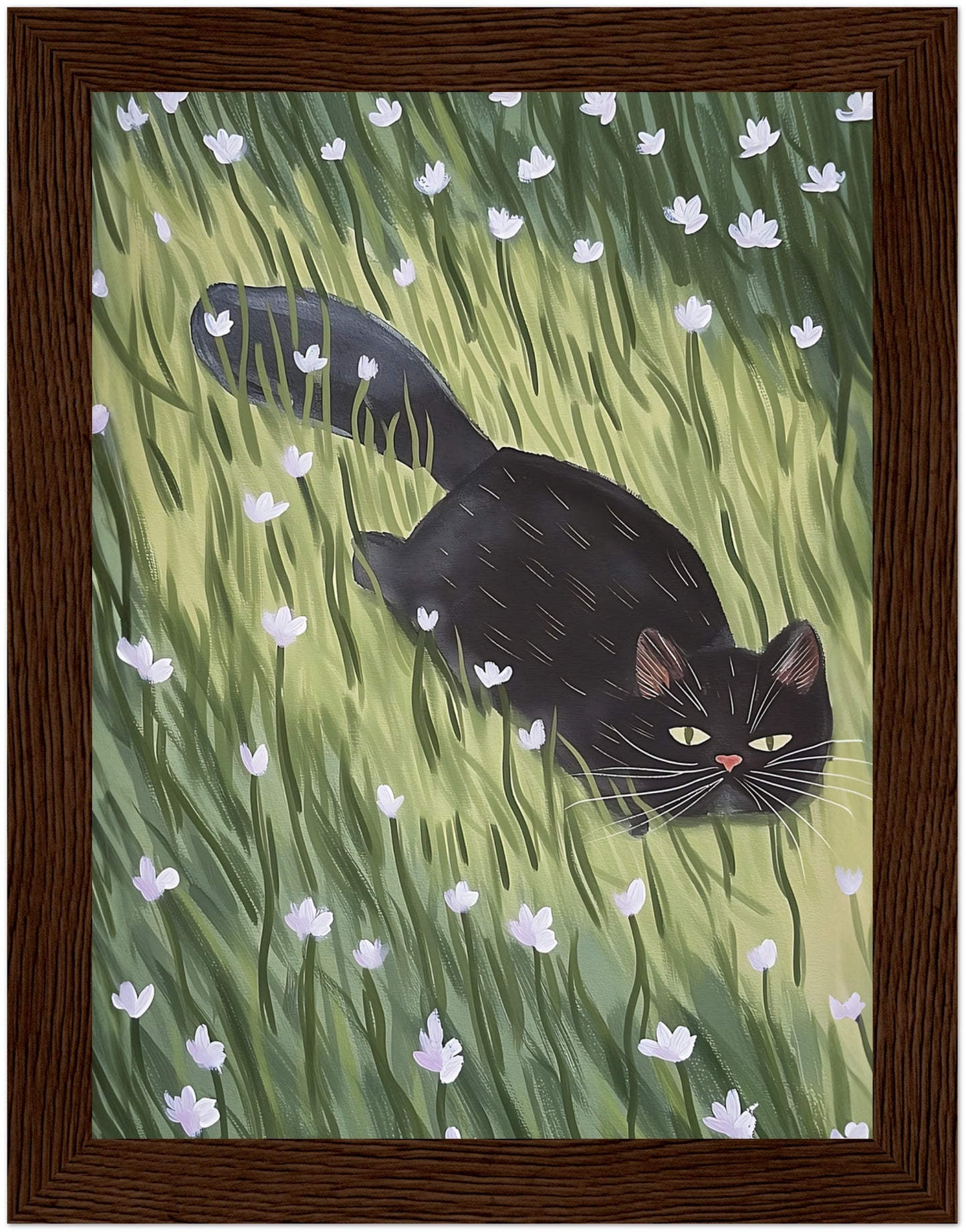 A painting of a black cat walking through a green field with white flowers, framed in wood.