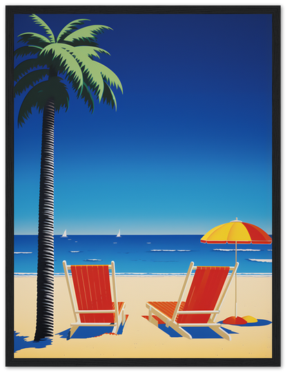 Illustration of a beach scene with palm tree, chairs, umbrella, and sailboats.