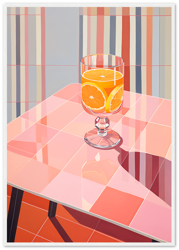 A glass of orange juice with slices of orange on a checkered pink and white table.