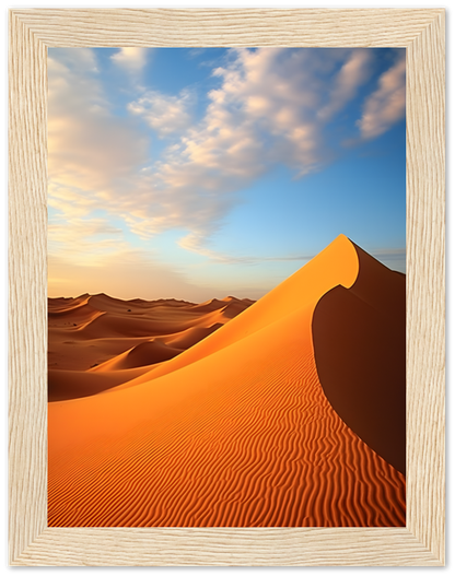 A serene desert landscape at sunset with sand dunes and a vibrant sky.