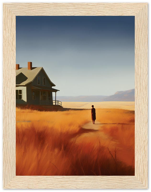 A framed painting of a person standing in a field near a house with a vast landscape in the background.