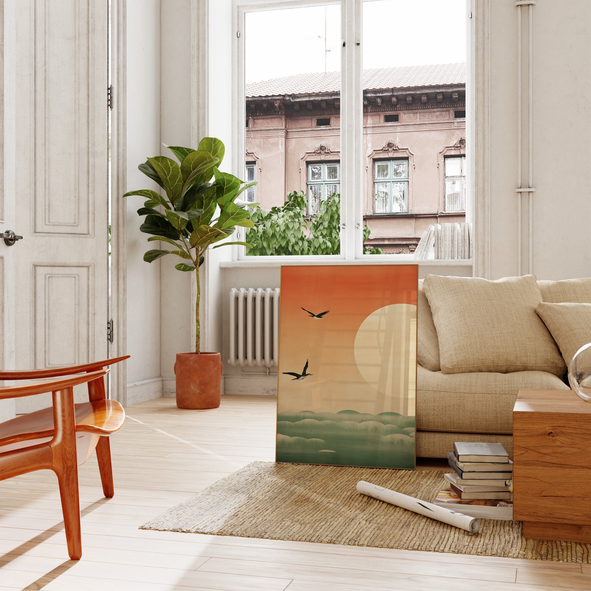 A cozy living room with a sofa, plants, and a painting, featuring an open balcony door.