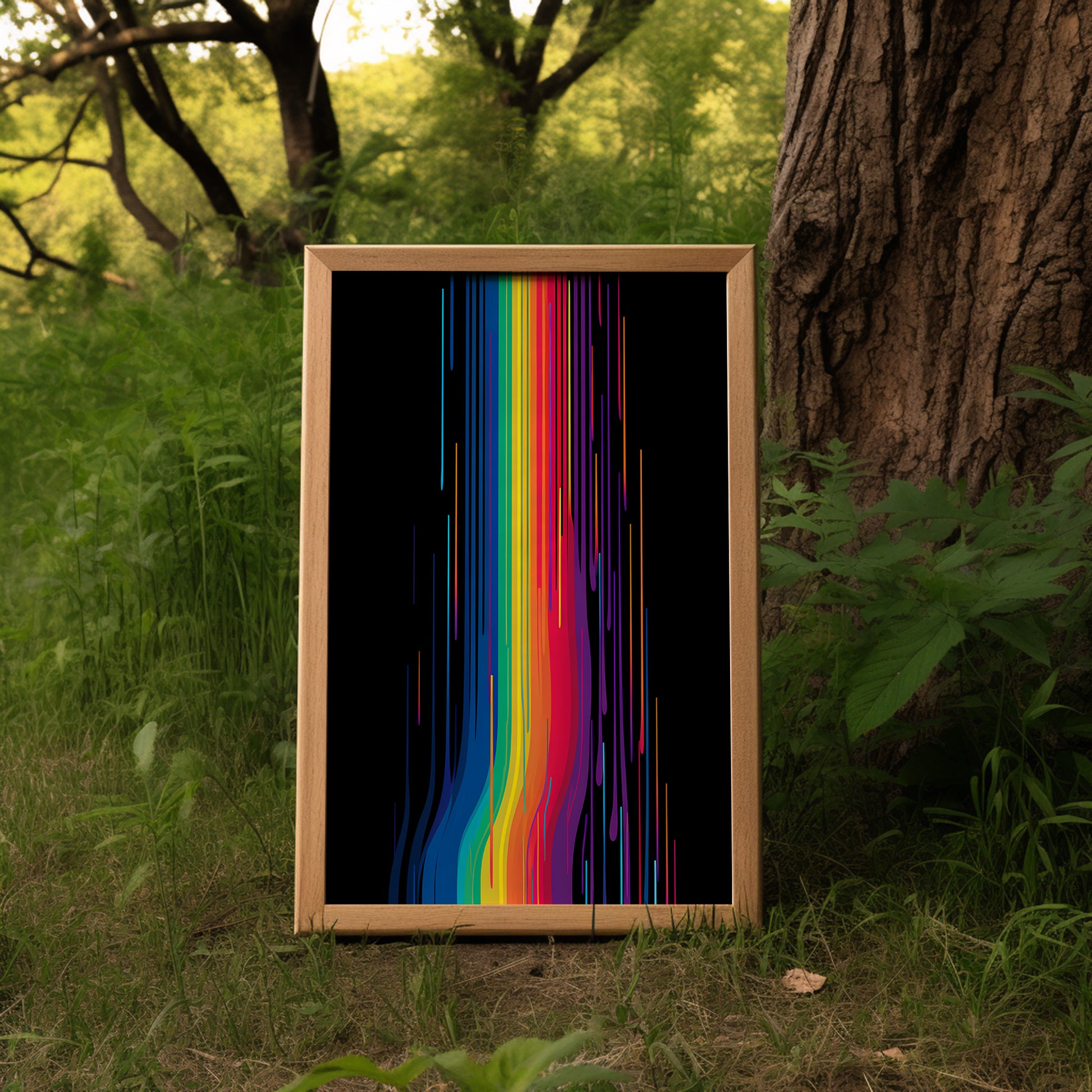 A colorful abstract painting displayed on an easel in a lush forest setting.