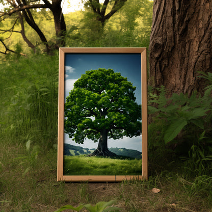 A picture of a vibrant green tree displayed in a frame set against a natural woodland backdrop.
