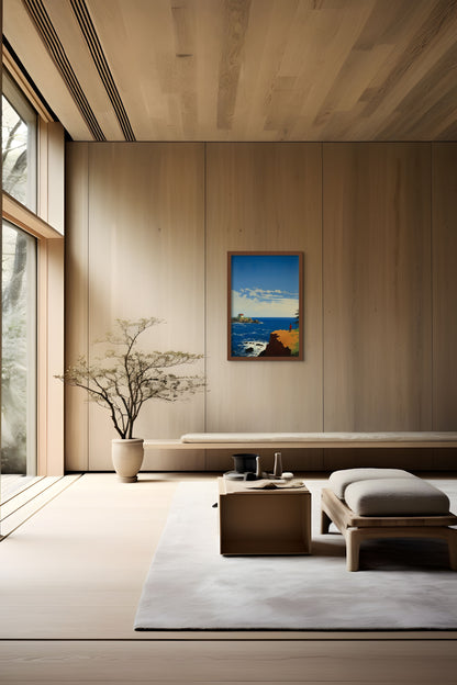 Minimalist wooden interior with a large window, bench, chair, and artwork.