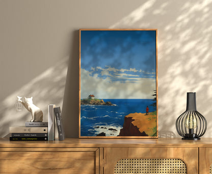 A framed painting of a coastal scene on a wall above a sideboard with books and a vase.