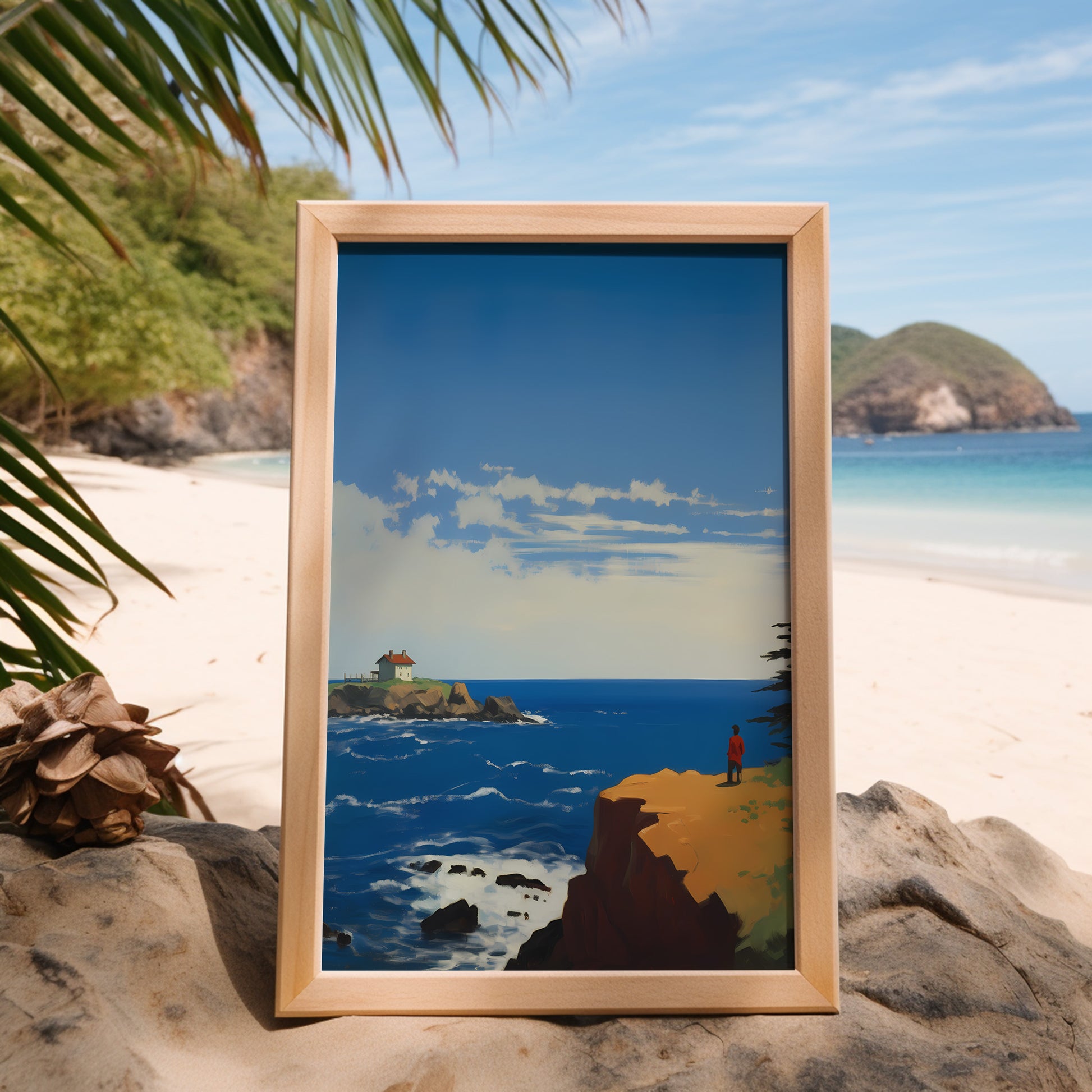 A framed picture of a coastal landscape with a lighthouse, set on a sandy beach.