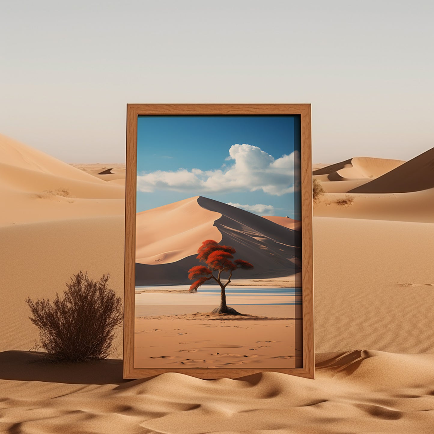 A framed picture of a tree in a desert displayed in the sand dunes under a blue sky.