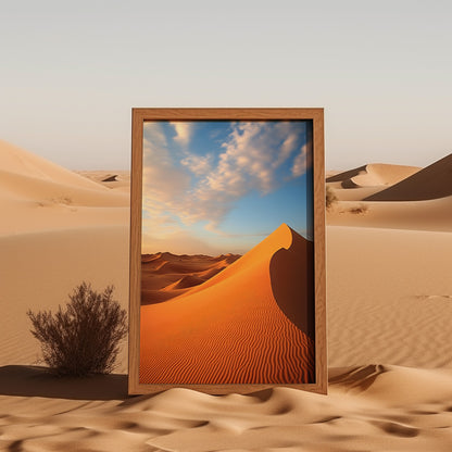 A framed picture of a blue sky placed in a desert, blending the picture with the background.