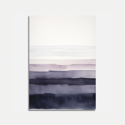 An abstract painting with layers of purple and gray resembling a misty landscape.