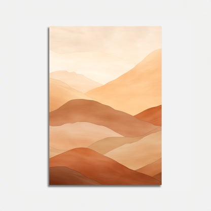 Abstract painting of layered mountain landscape in warm tones.