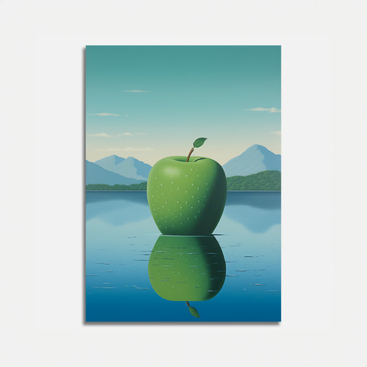 A realistic illustration of a green apple with reflection on water, mountains in the background.