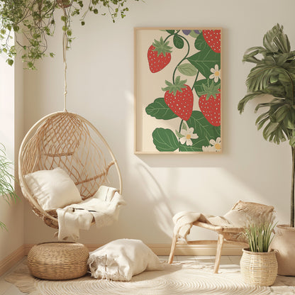 A cozy room corner with a hanging chair, a strawberry painting, and indoor plants.