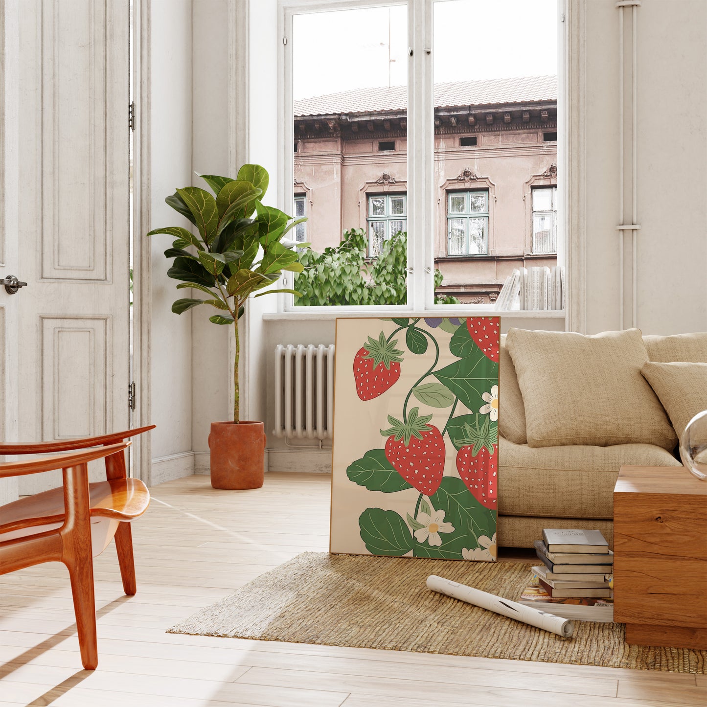 A cozy living room with a modern sofa, wooden furniture, and a plant-themed decor.