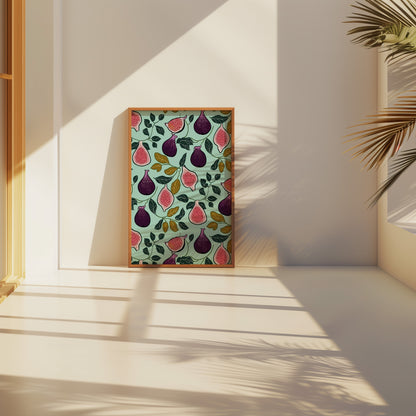 A canvas with a fruit pattern leaning against a wall in a sunlit room with shadows.