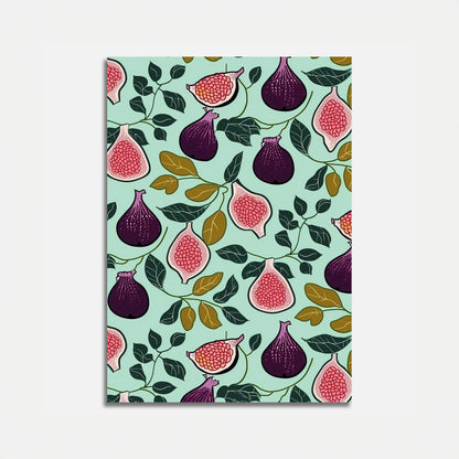 A patterned notebook with a fig fruit design on a light green background.