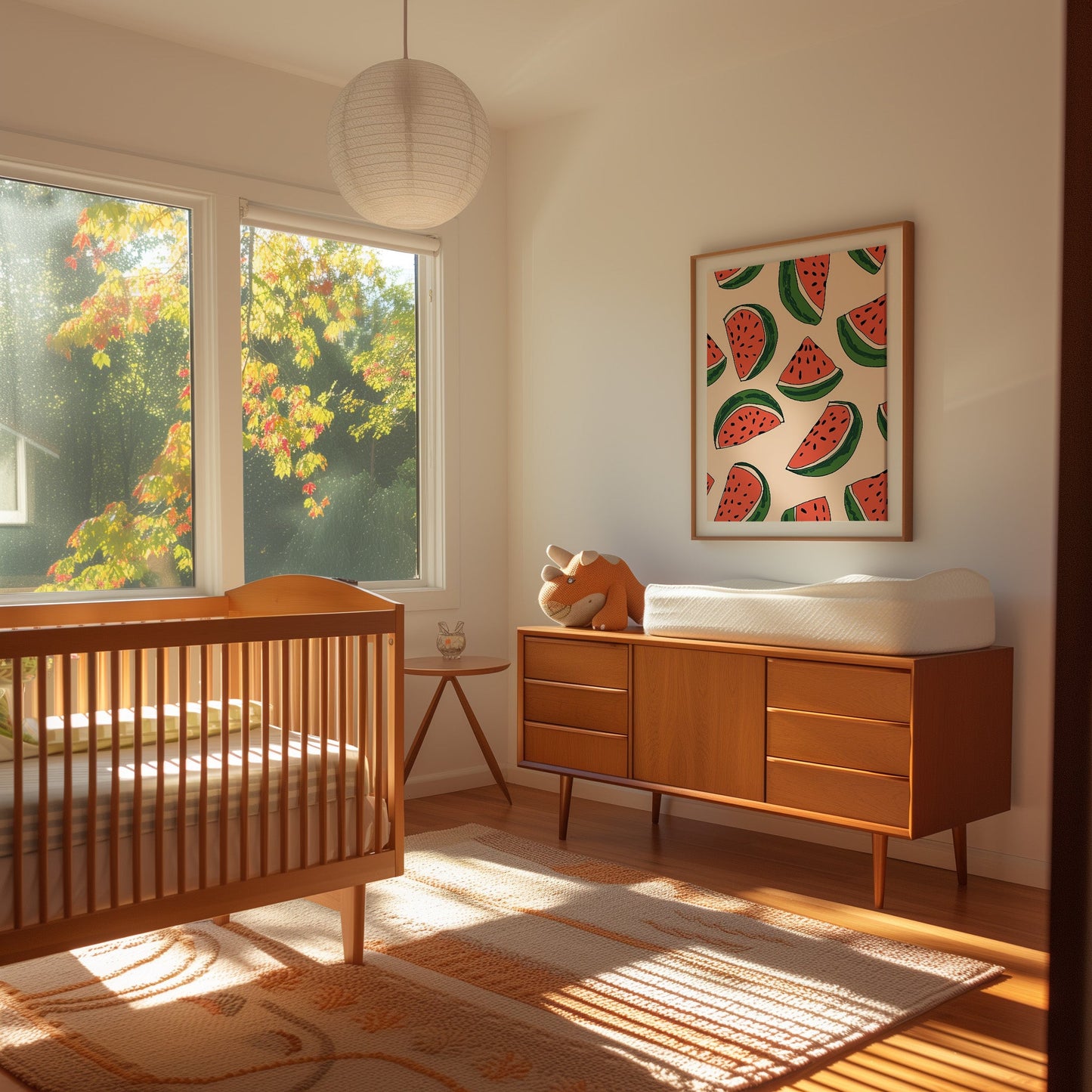 A sunny nursery room with a crib, dresser, and colorful fruit artwork on the wall.
