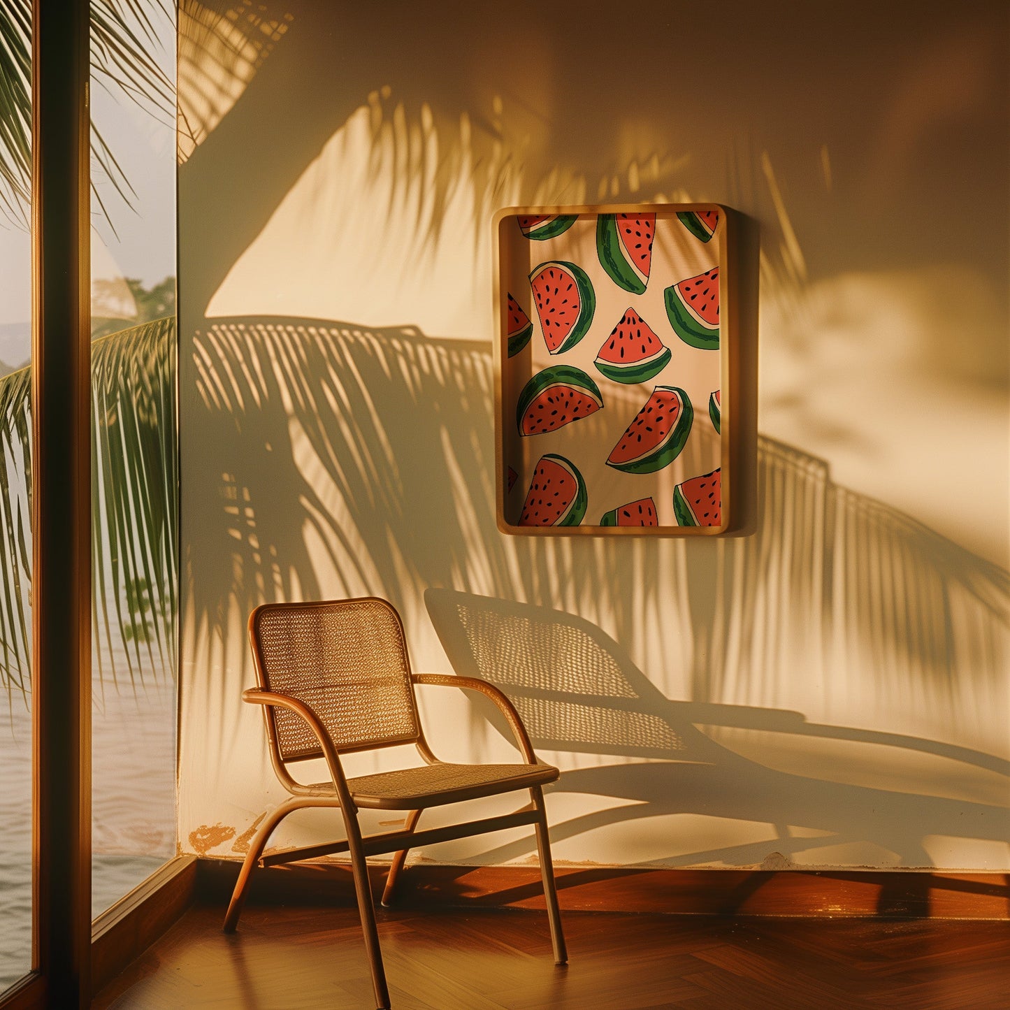A cozy chair by a sunlit window with palm tree shadows and watermelon art on the wall.