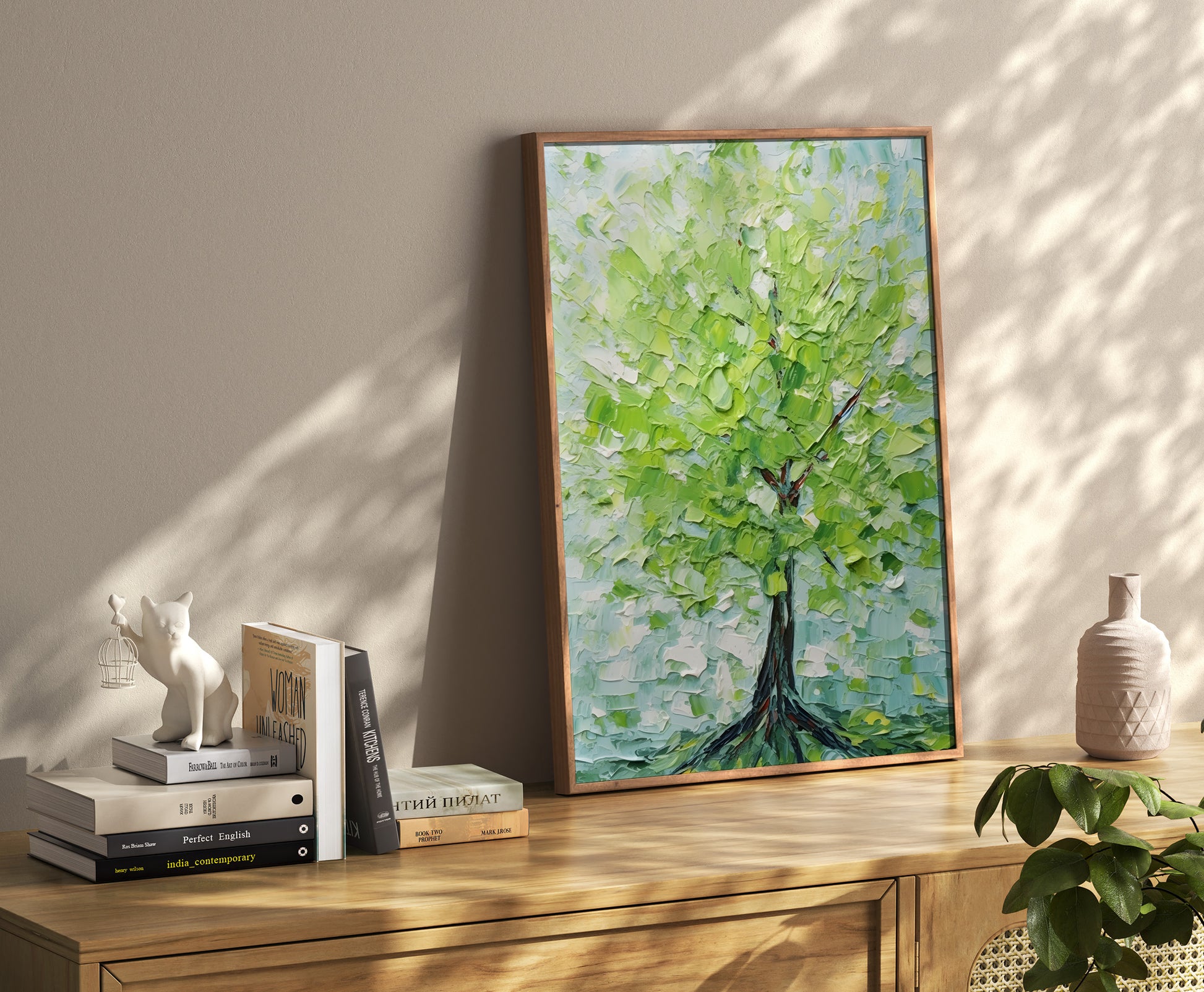A vibrant tree painting on a wall above a shelf with books and decorative items.