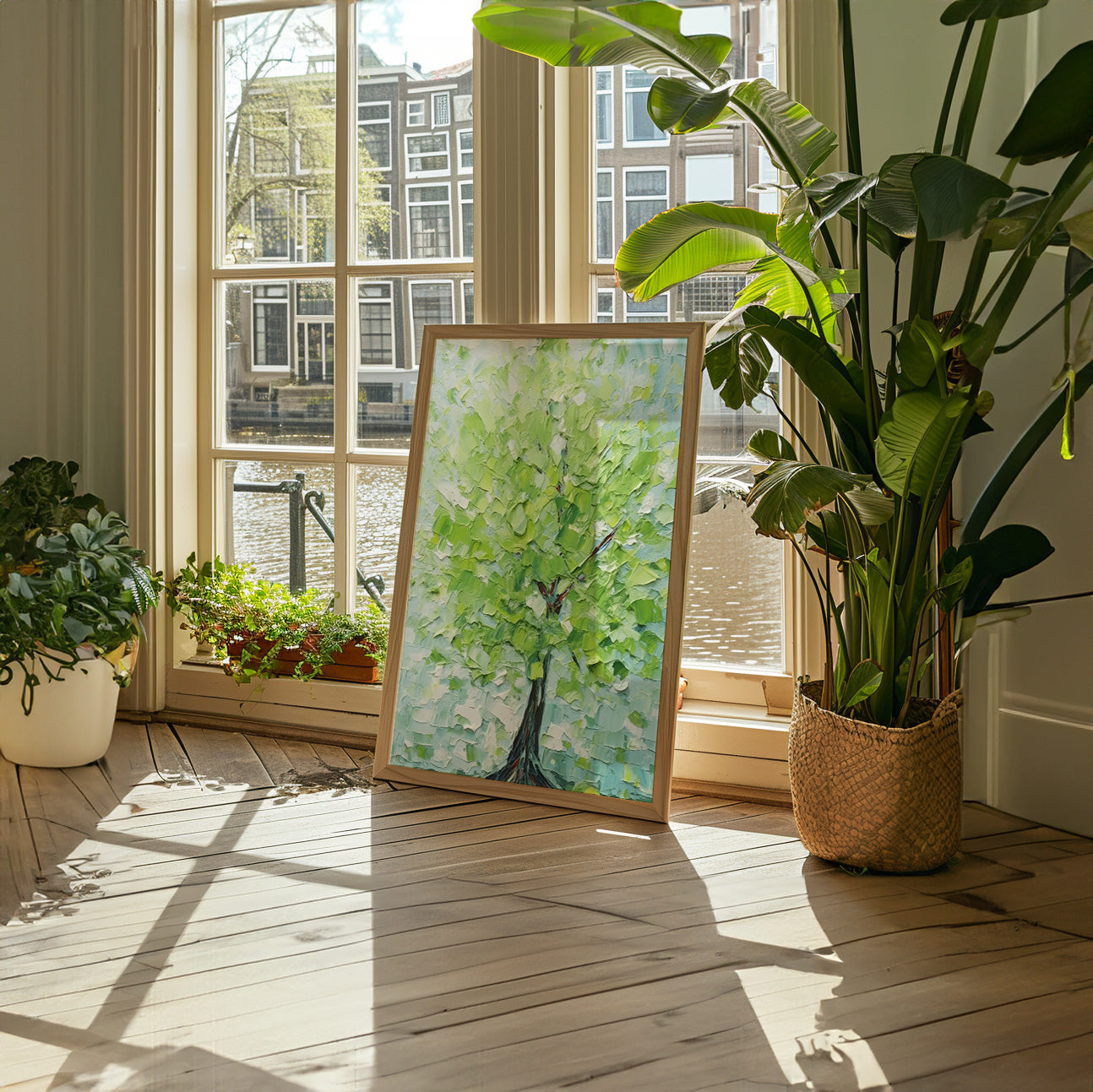 A painting of a tree leaning against a window with canal view, sunlight casting shadows on the floor.