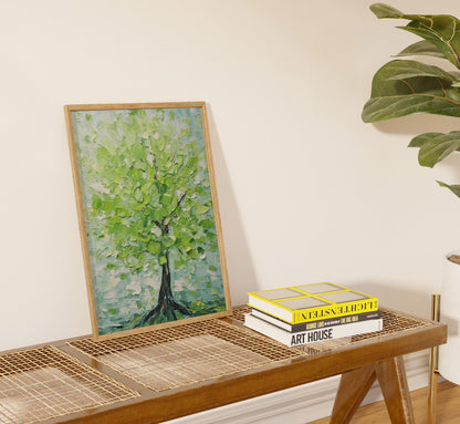 A framed painting of a tree on a wall shelf beside stacked books.