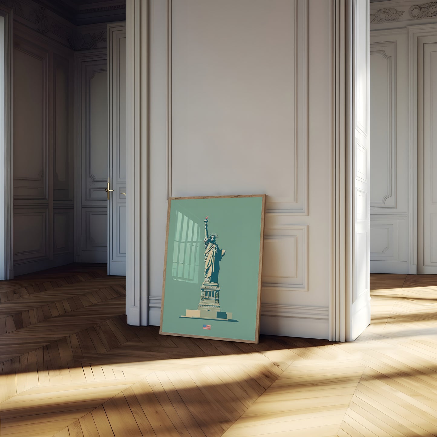 Painting of the Statue of Liberty leaning against a wall in an elegant room with sunlight streaming in.