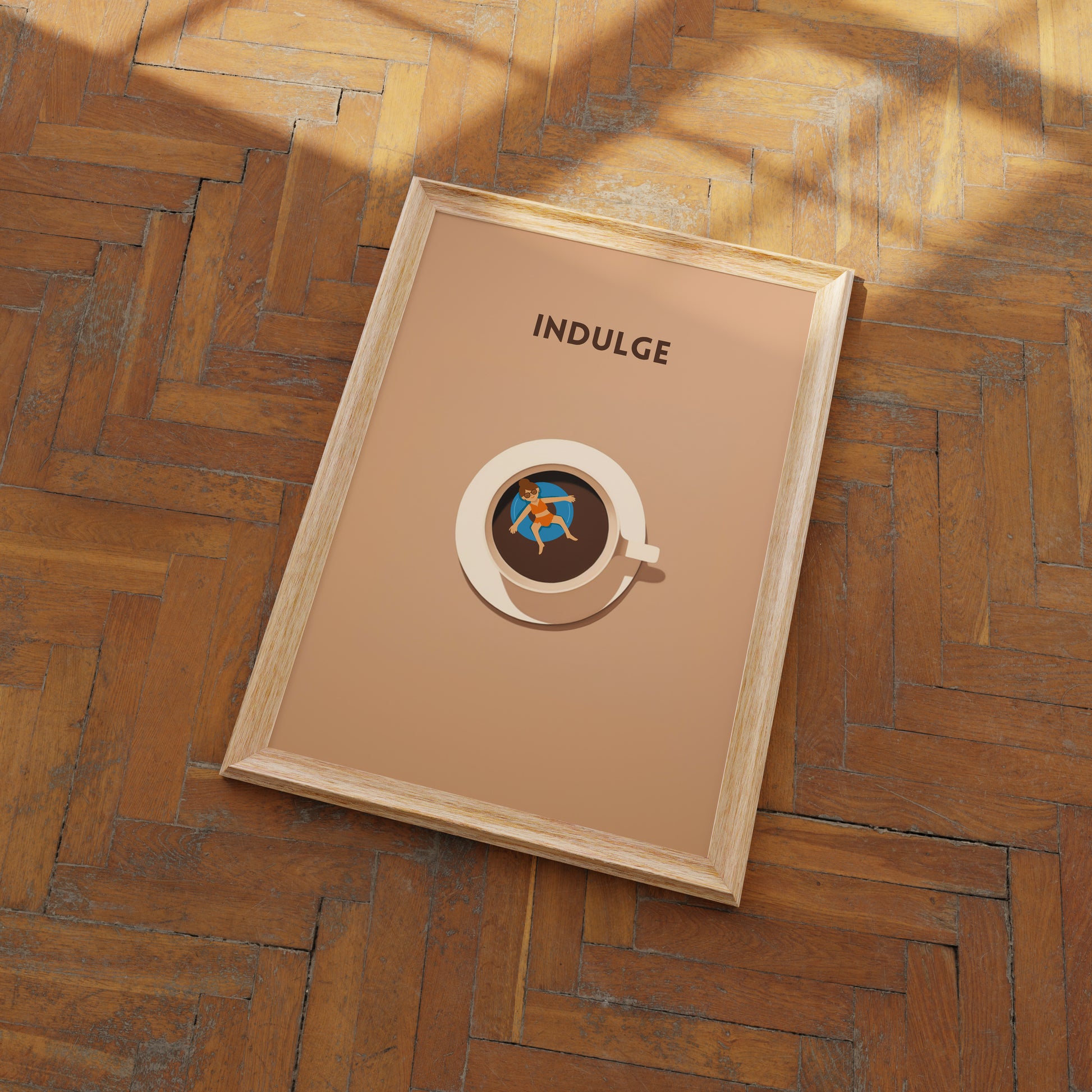 A book titled "INDULGE" with a magnifying glass and a small figure on the cover, lying on a wooden floor.