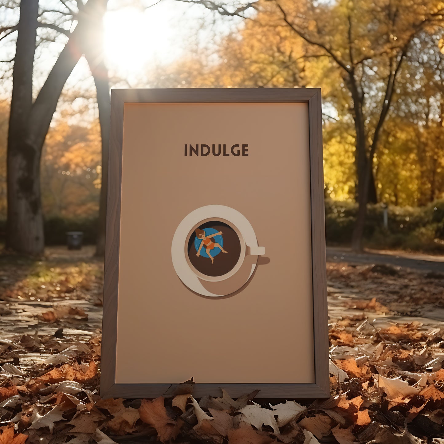 A framed poster reading "INDULGE" with a graphic of a coffee cup and autumn leaves in the background.