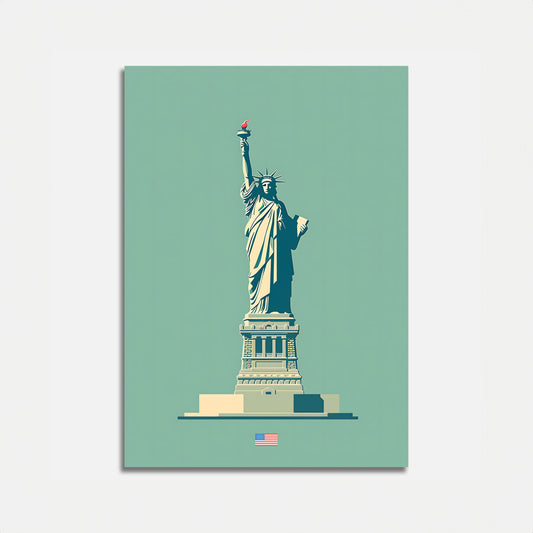 Illustration of the Statue of Liberty with a stylized background.