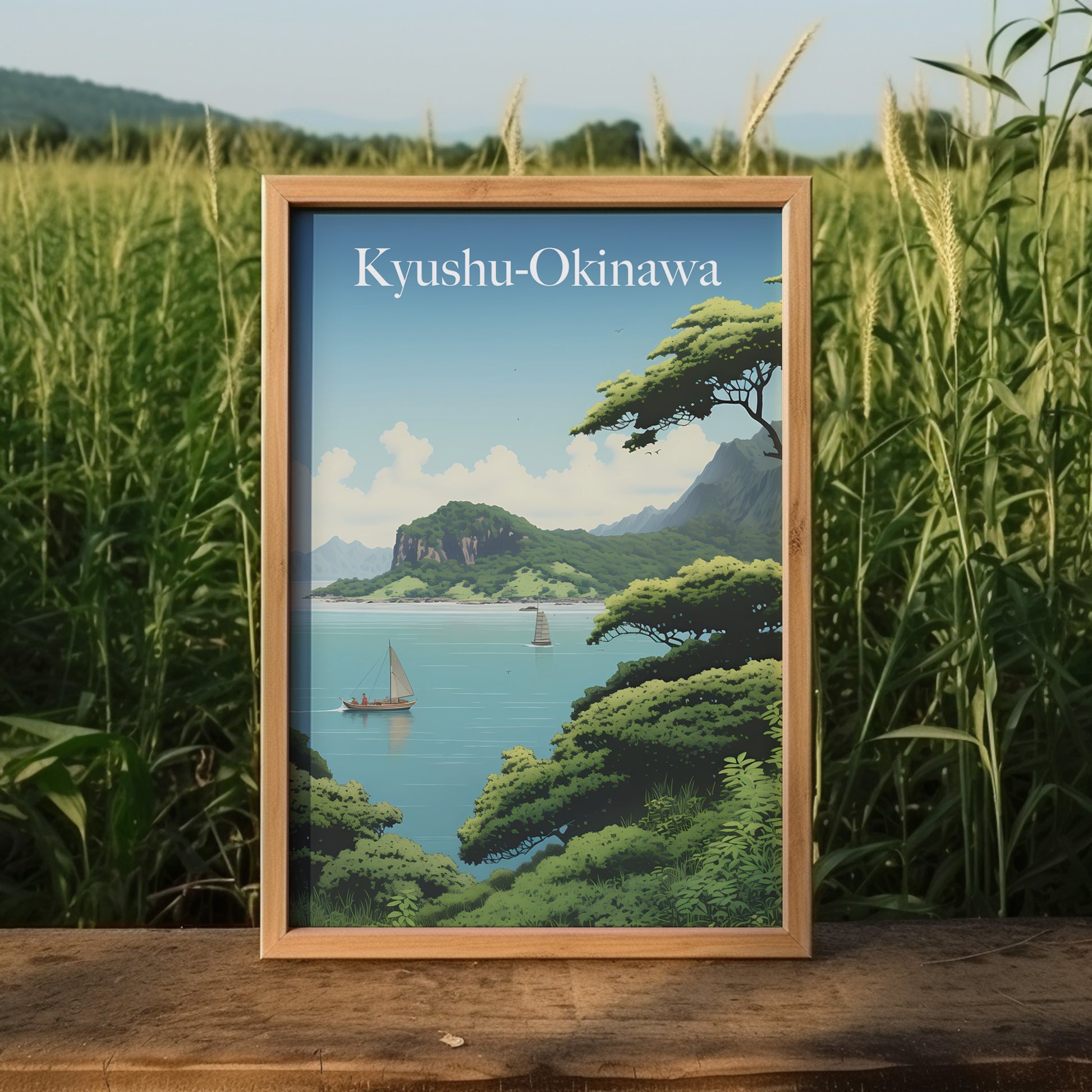 A framed vintage-style travel poster of Kyushu-Okinawa with a scenic view of the coast and boats.
