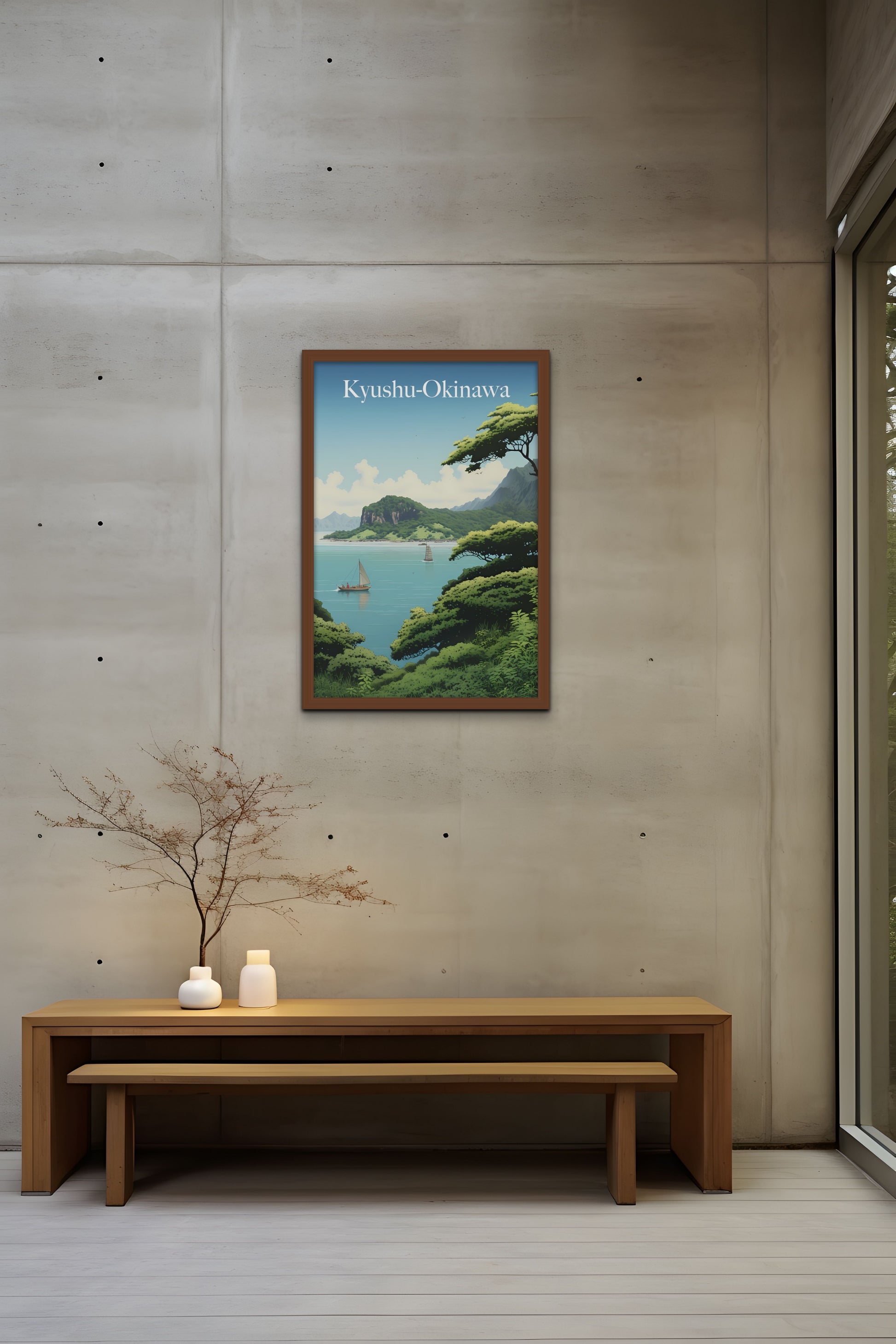 "Minimalist room with a bench, candles, and Kyushu-Okinawa painting on a concrete wall."