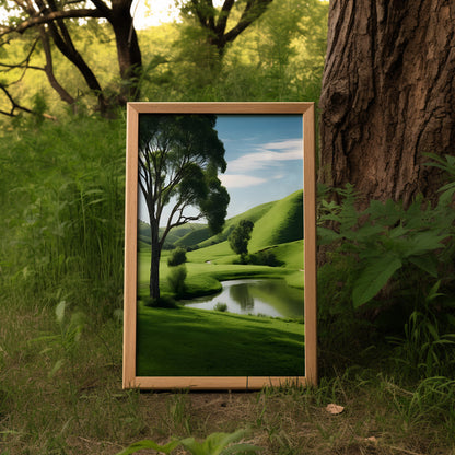 A picture frame displaying a scenic landscape stands in a forest.