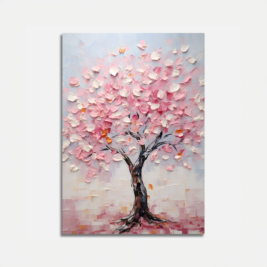 A textured painting of a blossoming tree with pink leaves.