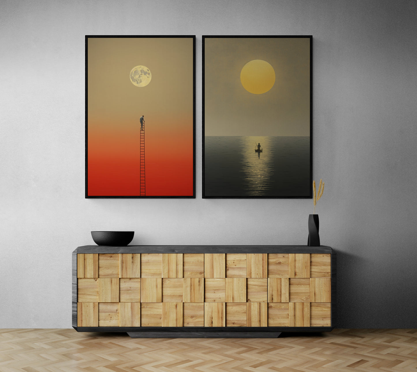 Two framed pictures of a sun and moon over water above a wooden cabinet in a modern room.